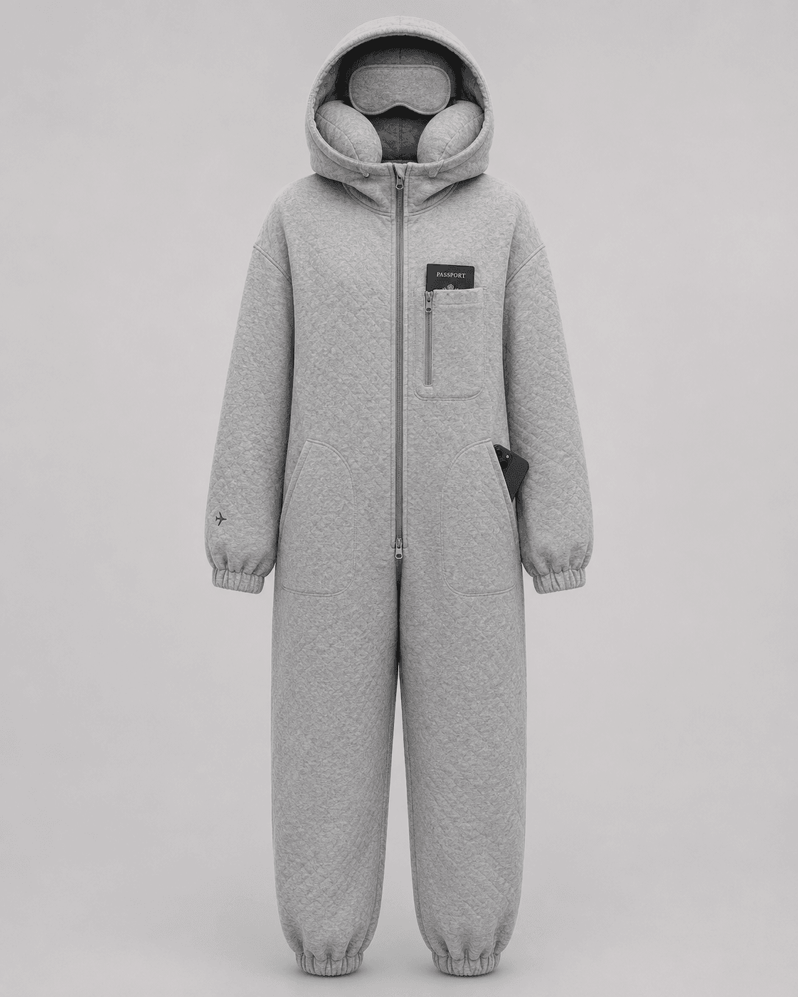 Gray travel suit with hood, eye mask, and neck pillow.