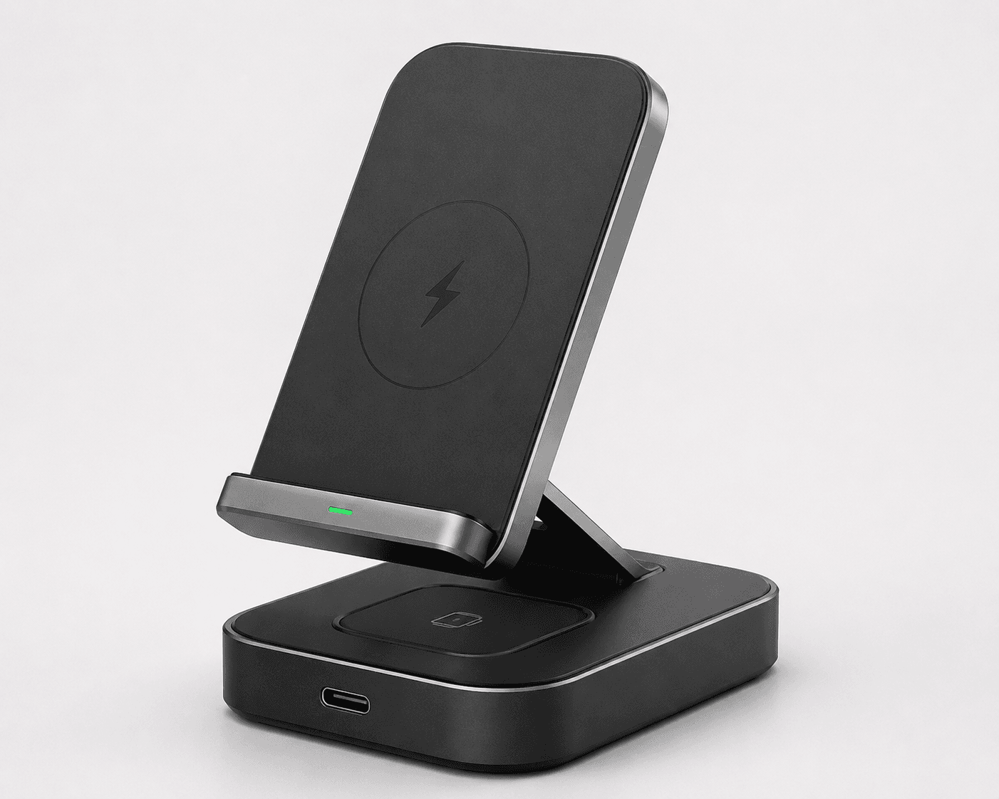 Black wireless charging stand.